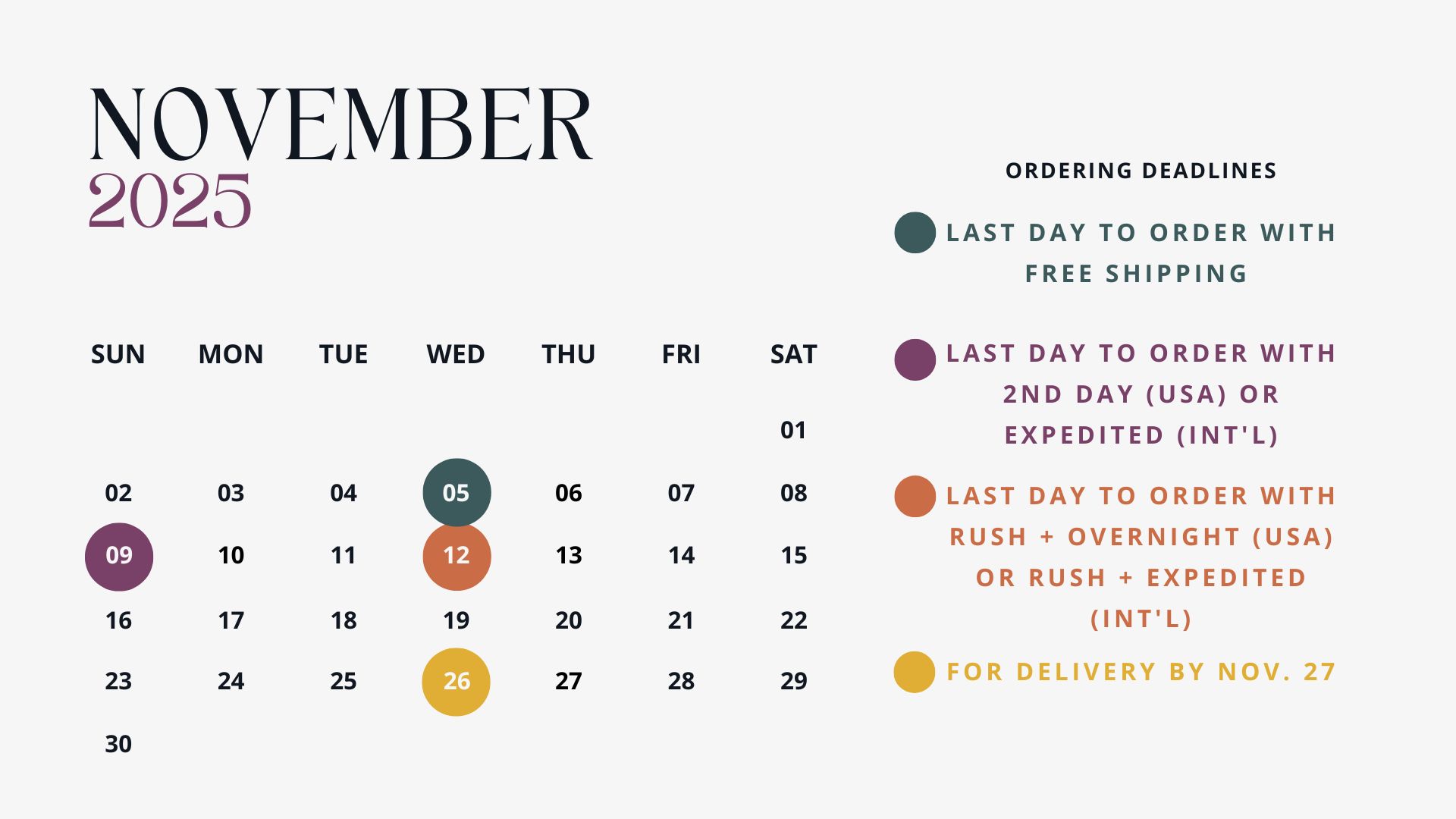 Vision Art 2025 November Holiday Deadlines
