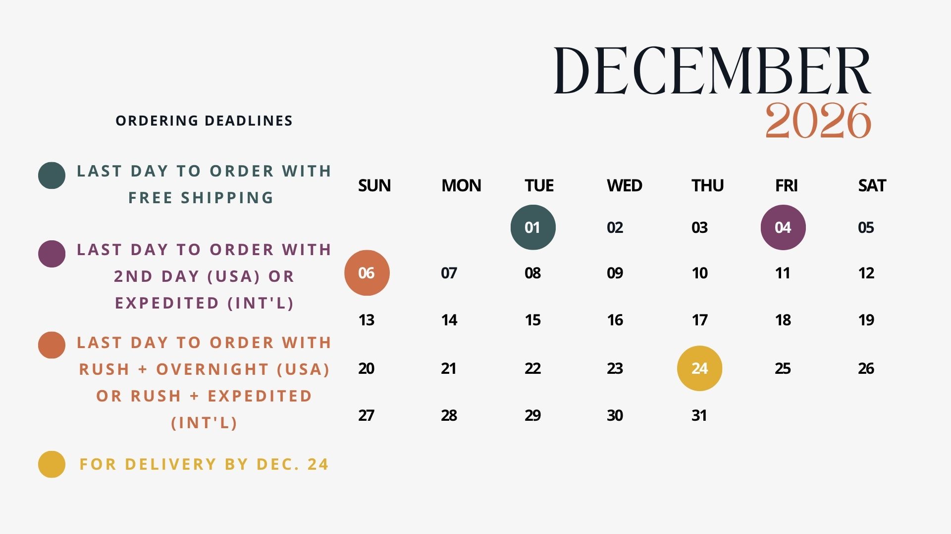 Vision Art December 2026 holiday ordering calendar for Christmas delivery by December 24. Order by December 1 for standard shipping, December 4 for expedited shipping, or December 6 for rush production and shipping.