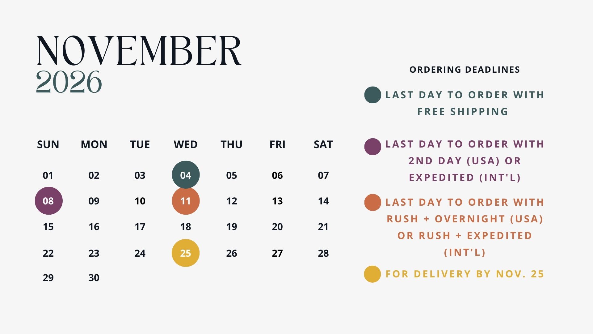 Vision Art November 2026 holiday ordering calendar for Thanksgiving delivery by November 25. Order by November 4 for standard shipping, November 8 for expedited shipping, or November 11 for rush production and shipping.