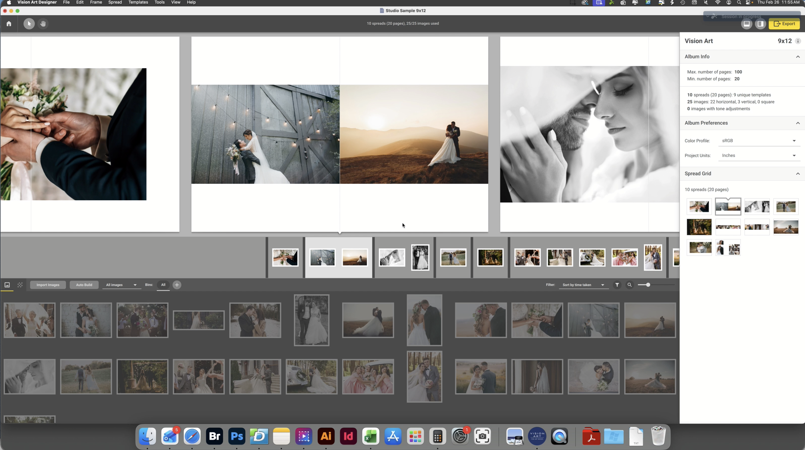 Album design software interface displaying a multi-page wedding album layout. Several spreads show photos of a bride and groom, with a filmstrip of images along the bottom and layout options and album details on the right panel.